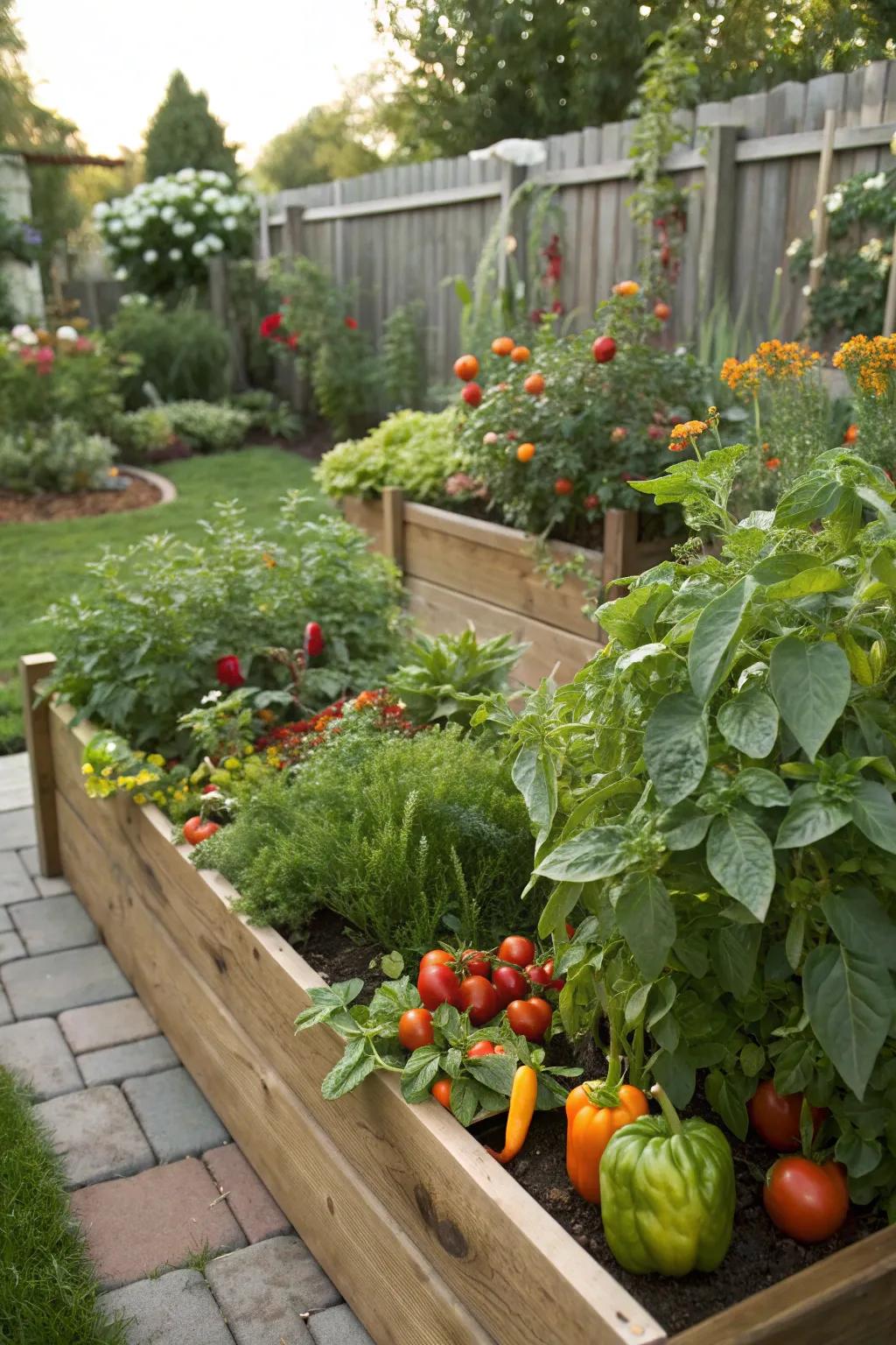 Raised garden beds brimming with fresh produce.