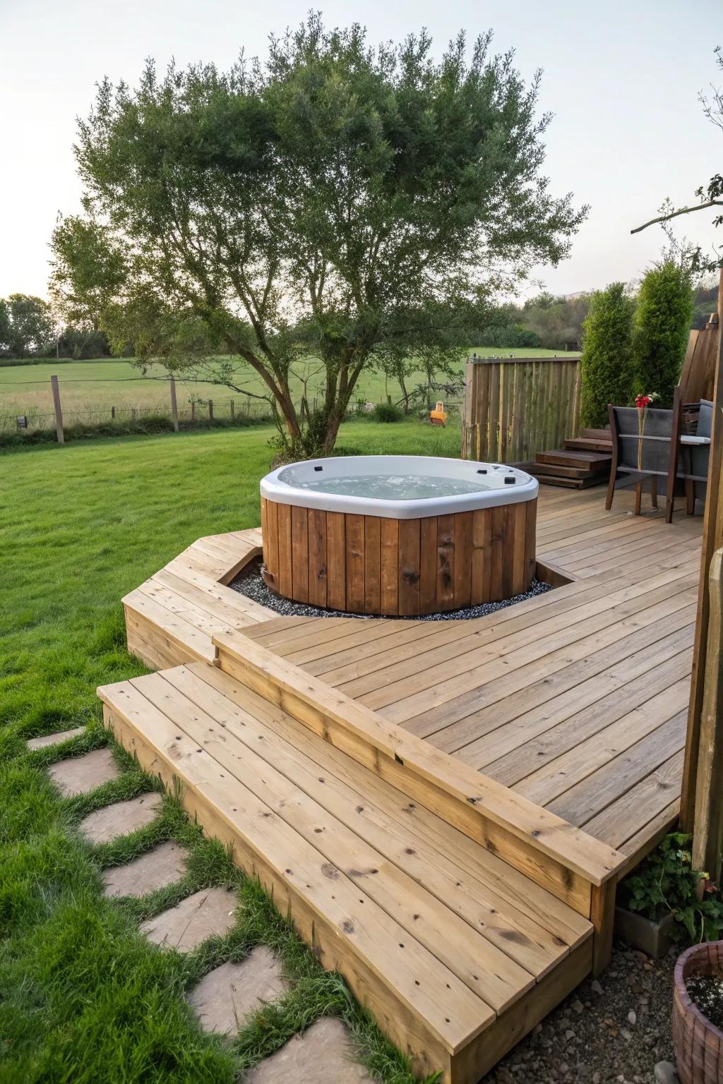 A DIY wooden deck provides a charming setting for a backyard hot tub.