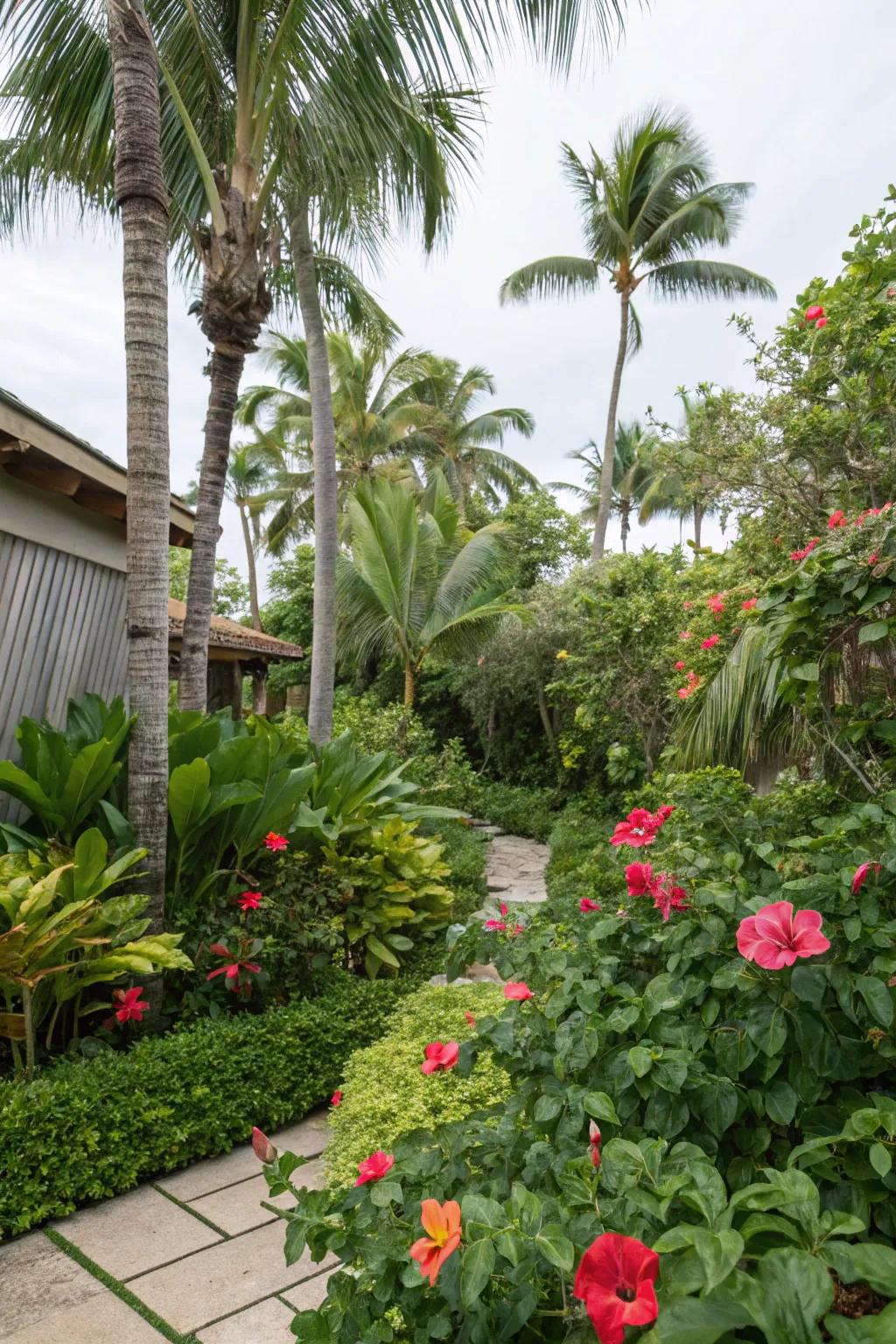 A lush tropical paradise with hibiscus and palm trees in a Florida backyard.