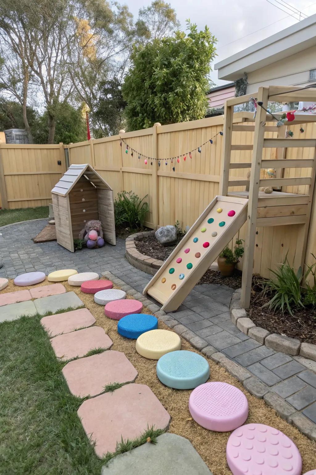 A vibrant play area with rubber stepping stones and a climbing structure.