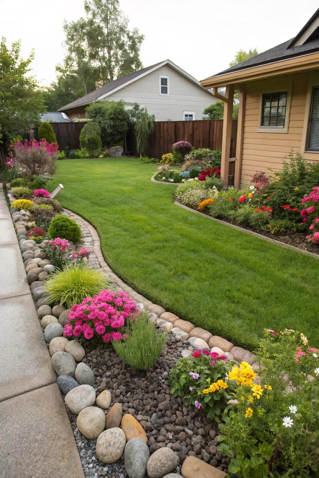 A manicured lawn acts as the centerpiece of a vibrant backyard.