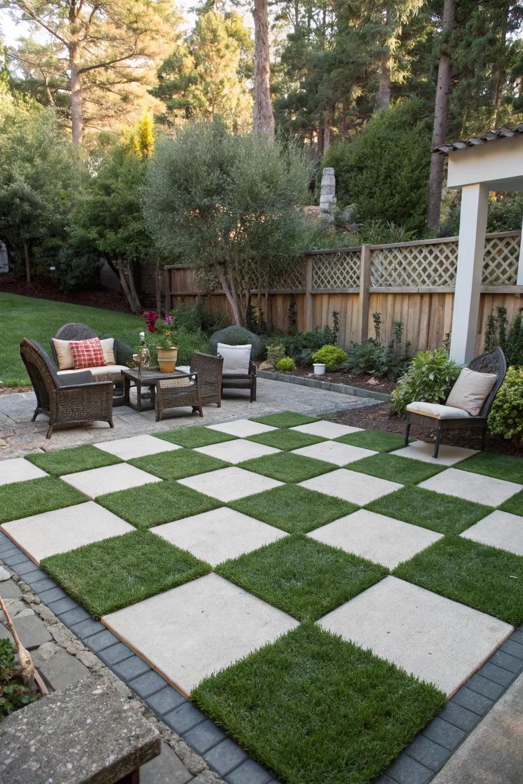 A checkerboard patio creates a stunning focal point in your backyard.