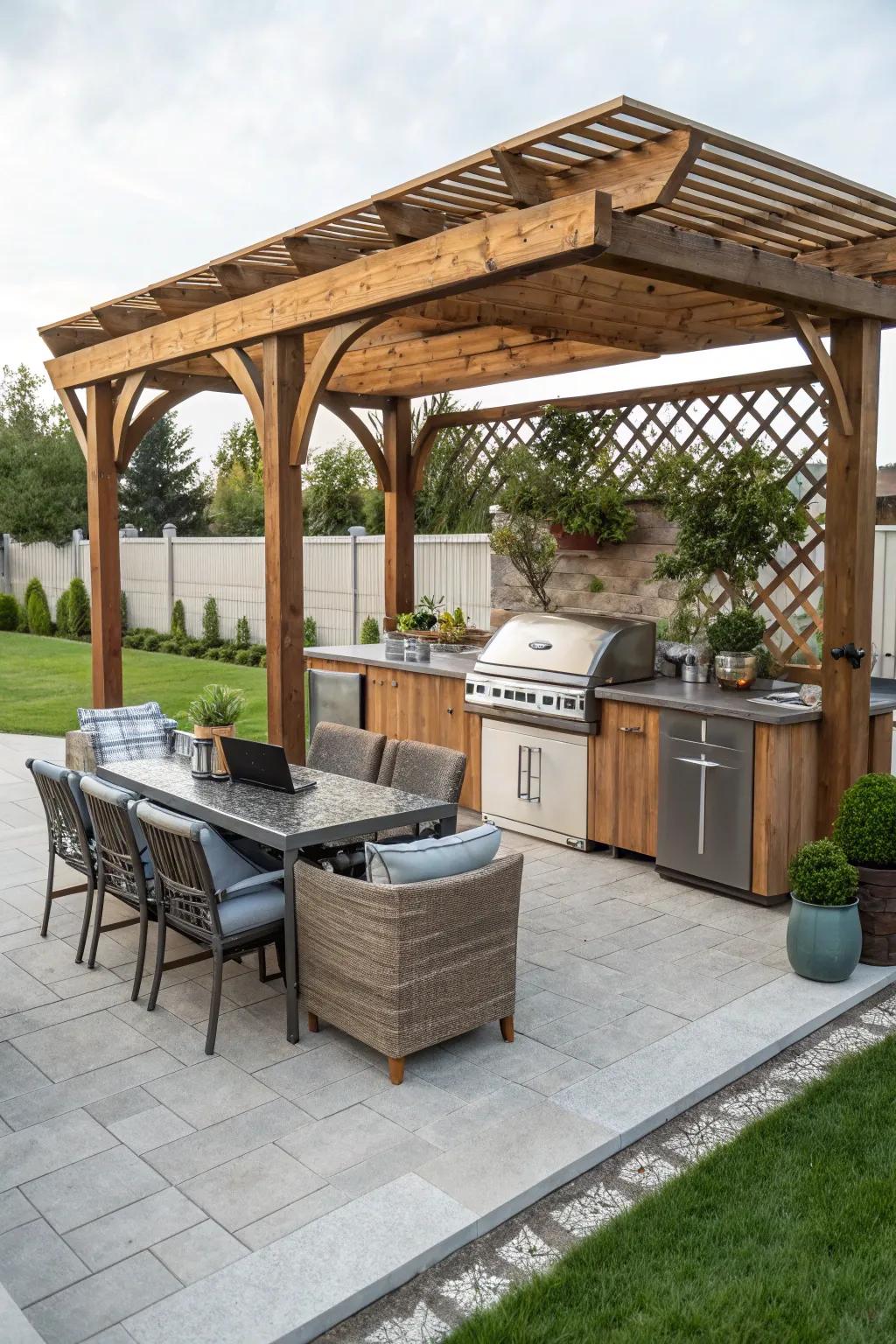 A backyard kitchen under a wooden pergola with stylish seating and a modern grill.
