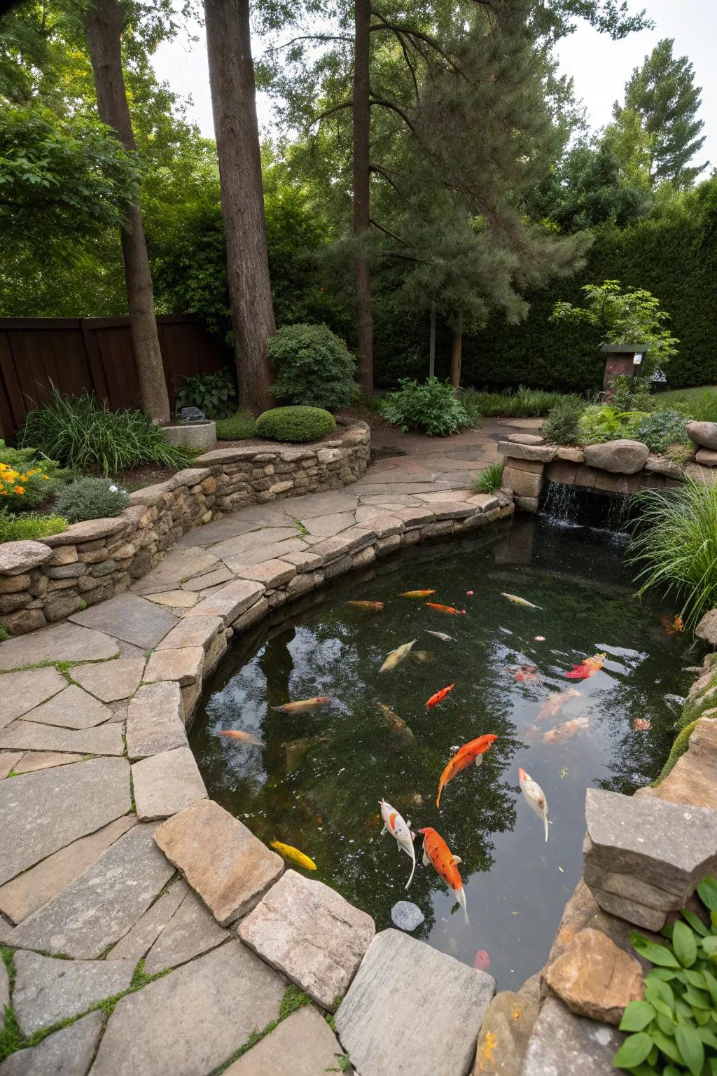 Natural stone edging enhances the rustic appeal of your backyard koi pond.