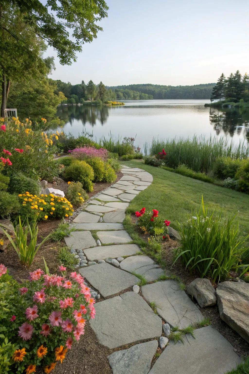 A charming stone walkway enhances the journey to the water’s edge.