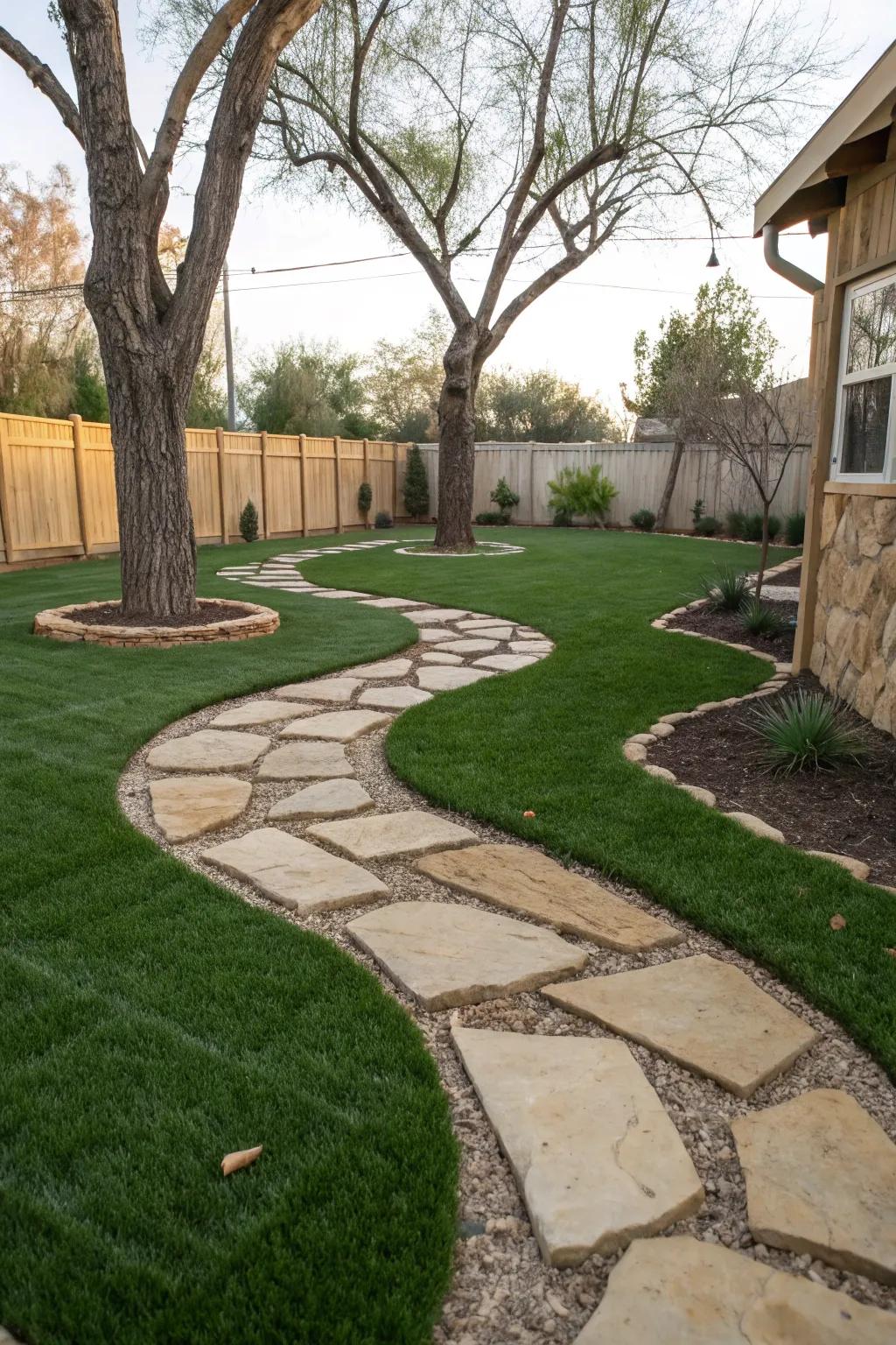 Stone pathways add structure and beauty to artificial grass landscapes.