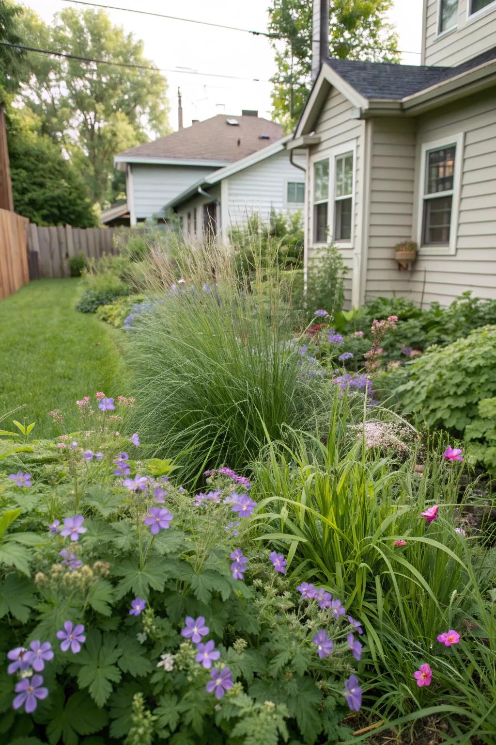 A lush Milwaukee backyard featuring native plants that thrive in the local climate.