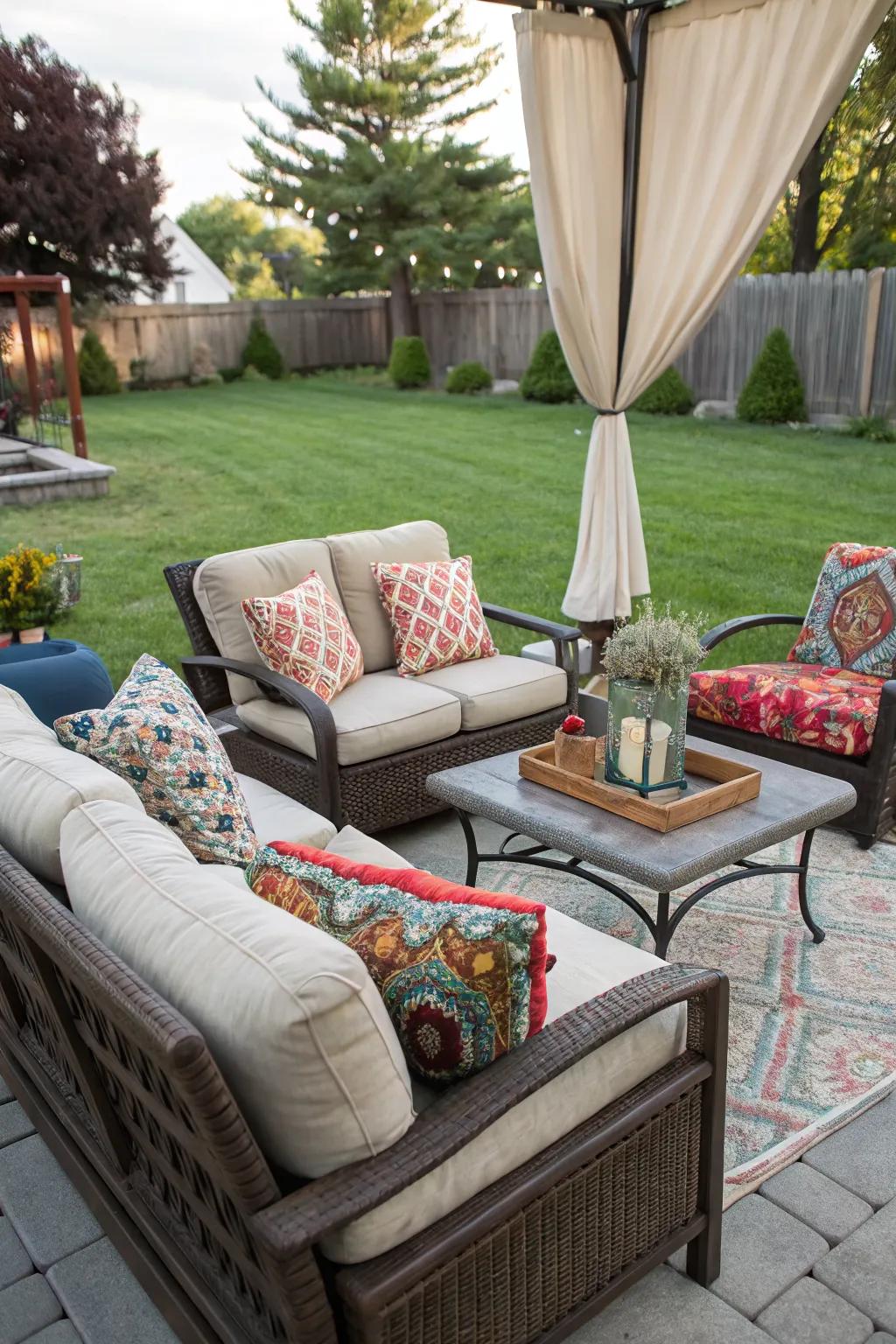 A cozy backyard seating area with plush outdoor furniture.