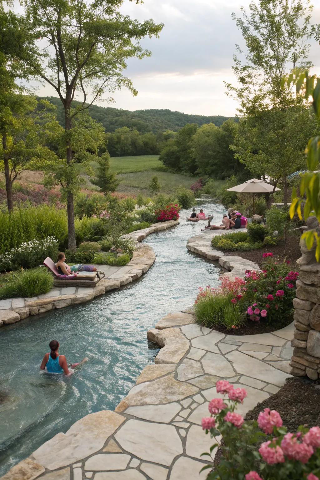 A natural stone pathway adds charm and elegance to your backyard lazy river.