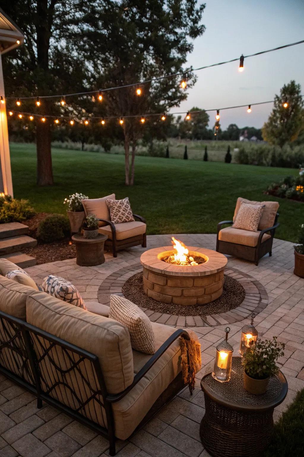 A fire pit creates a central gathering spot for warmth and conversation.