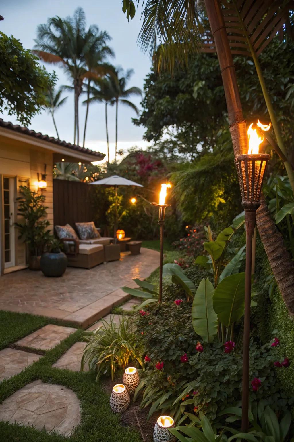 Tiki torches light up the night with a warm, tropical glow.