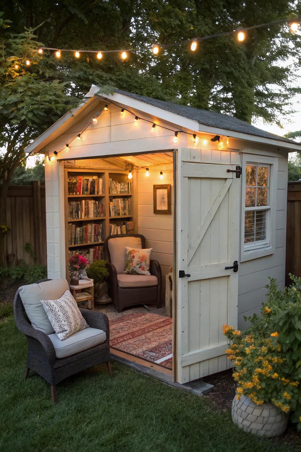 Create a literary escape with a cozy reading nook in your shed.