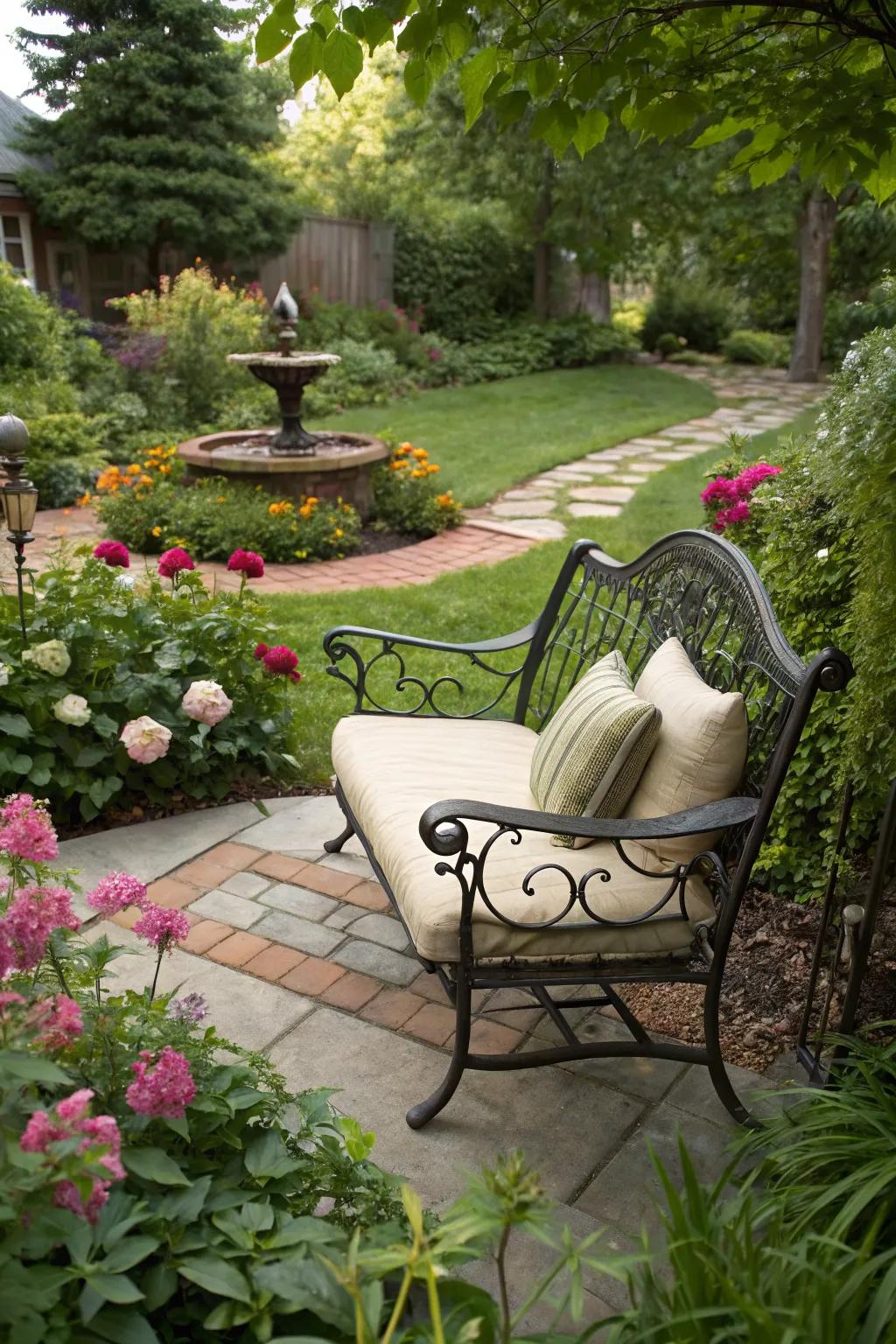 A welcoming seating area invites peaceful reflection in the garden.