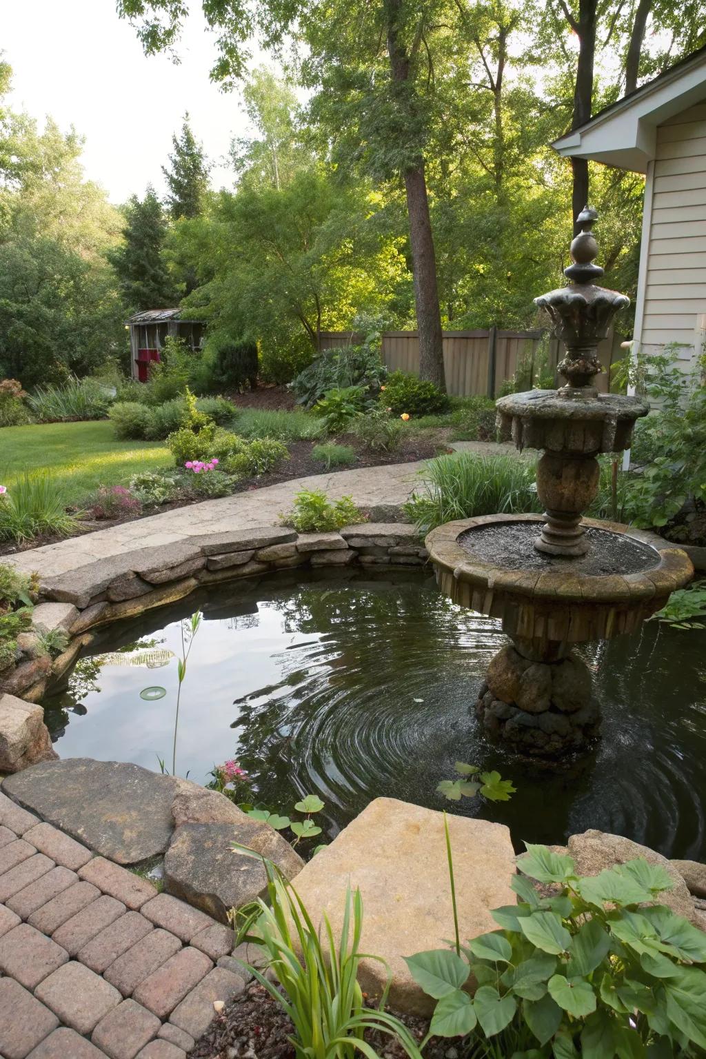 A small pond and fountain create a peaceful atmosphere.