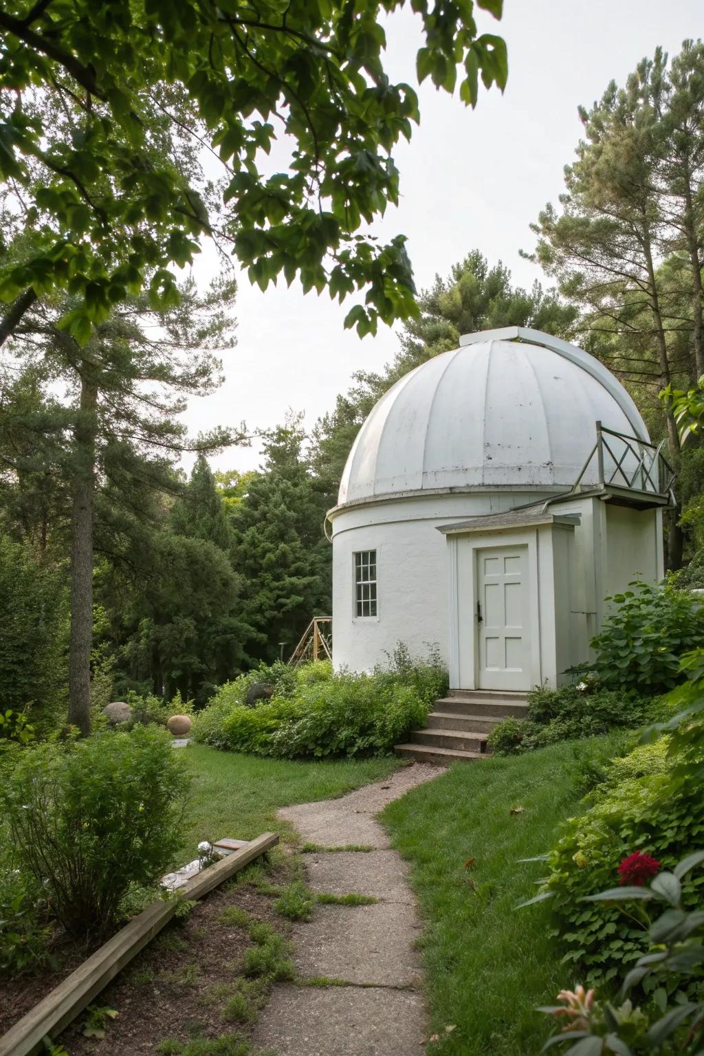 A classic domed observatory blends seamlessly into a vibrant backyard setting.