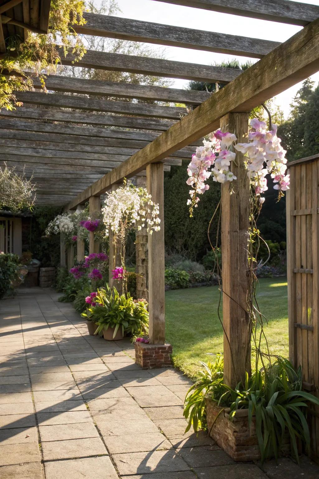 Orchids flourishing under a picturesque pergola.