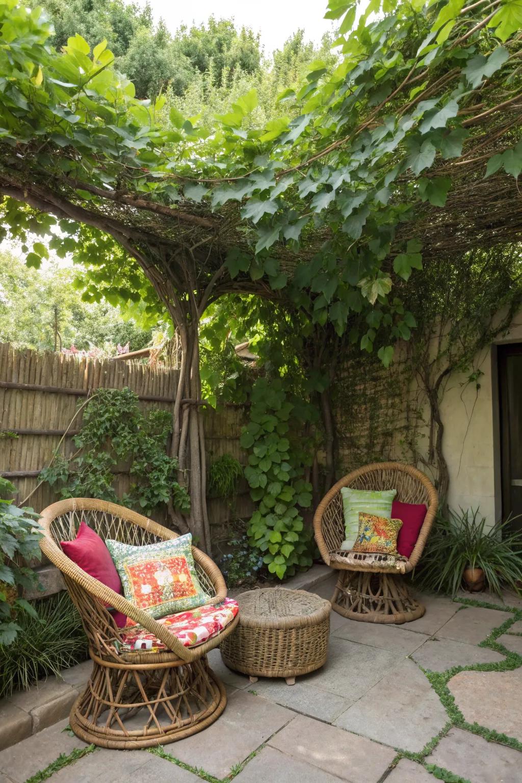 Create a cozy seating corner with wicker chairs and vibrant cushions.