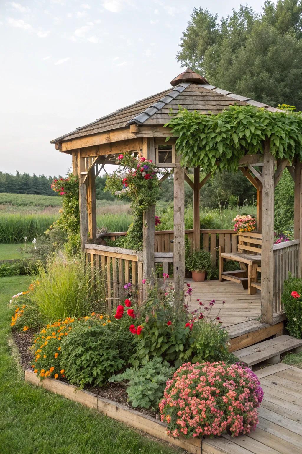 A rustic pallet gazebo brings a touch of nature to your backyard.