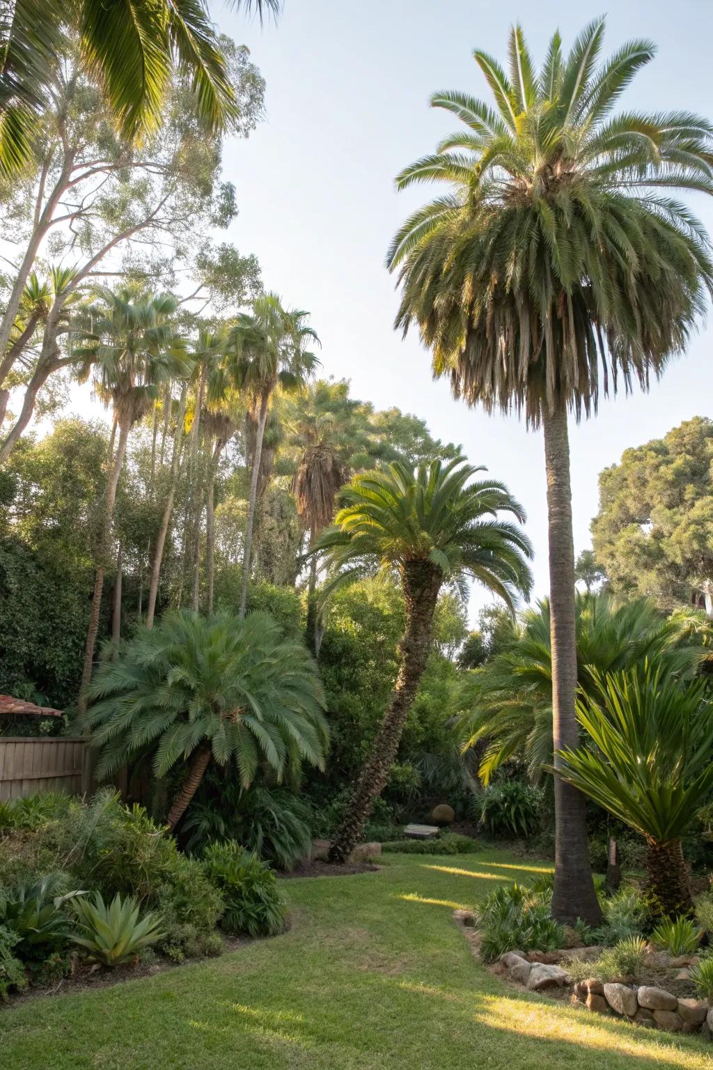 Layered palm trees create a lush, tropical aesthetic.