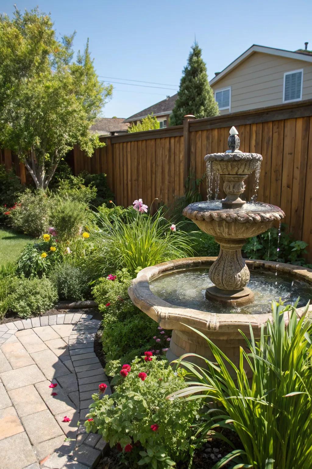 A stone fountain adds elegance and tranquility to any backyard.