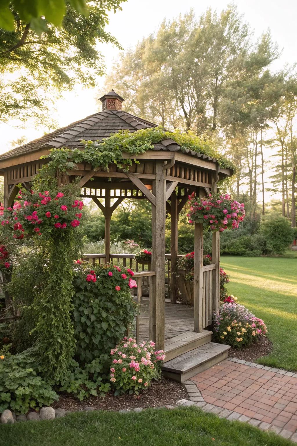 A charming wooden gazebo nestled in a lush garden.
