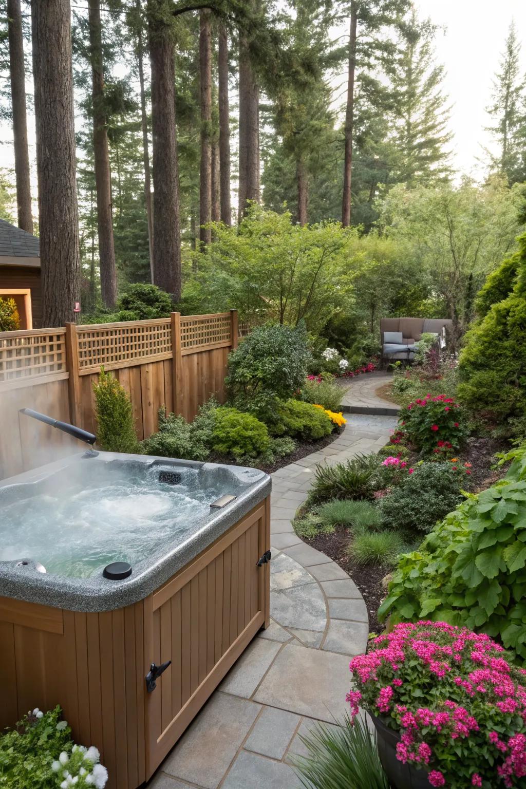 A hot tub nestled in a garden setting, offering a tranquil escape.