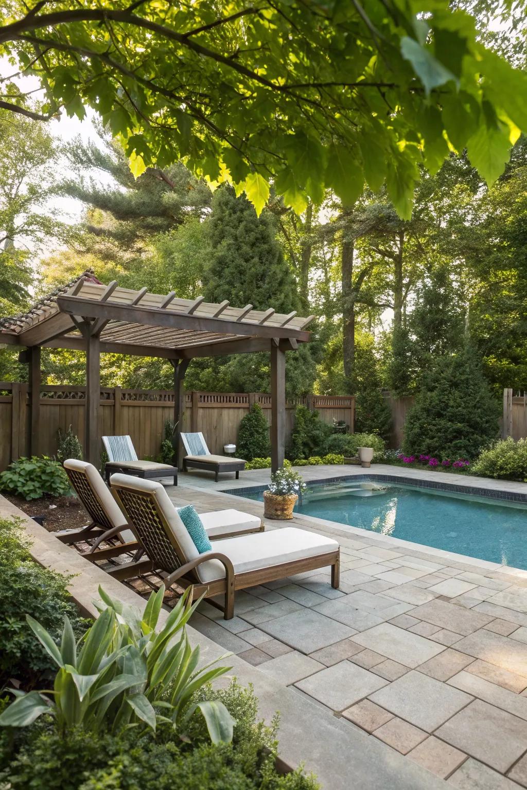 Cozy lounge area with pergola and plush seating by the pool.
