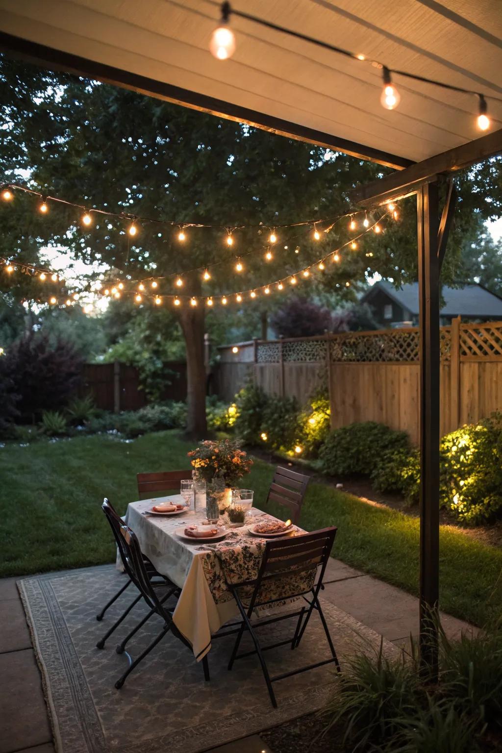 A canopy of lights creates an intimate dining atmosphere.