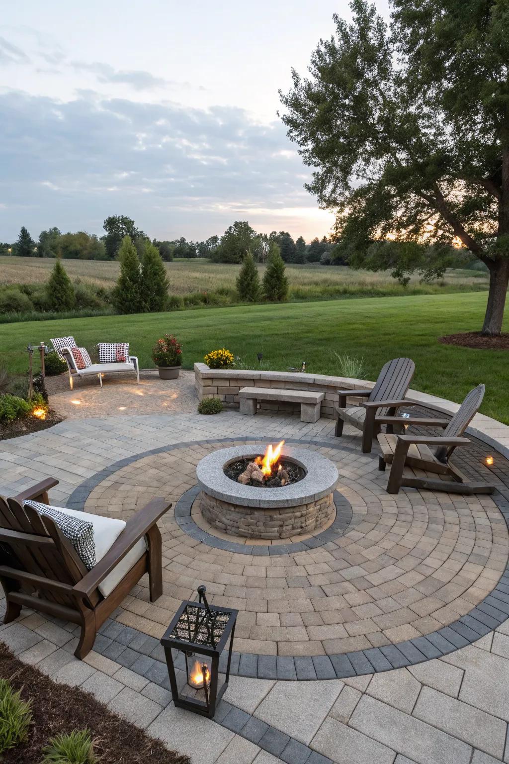 A circular fire pit area with elegant paving stones.