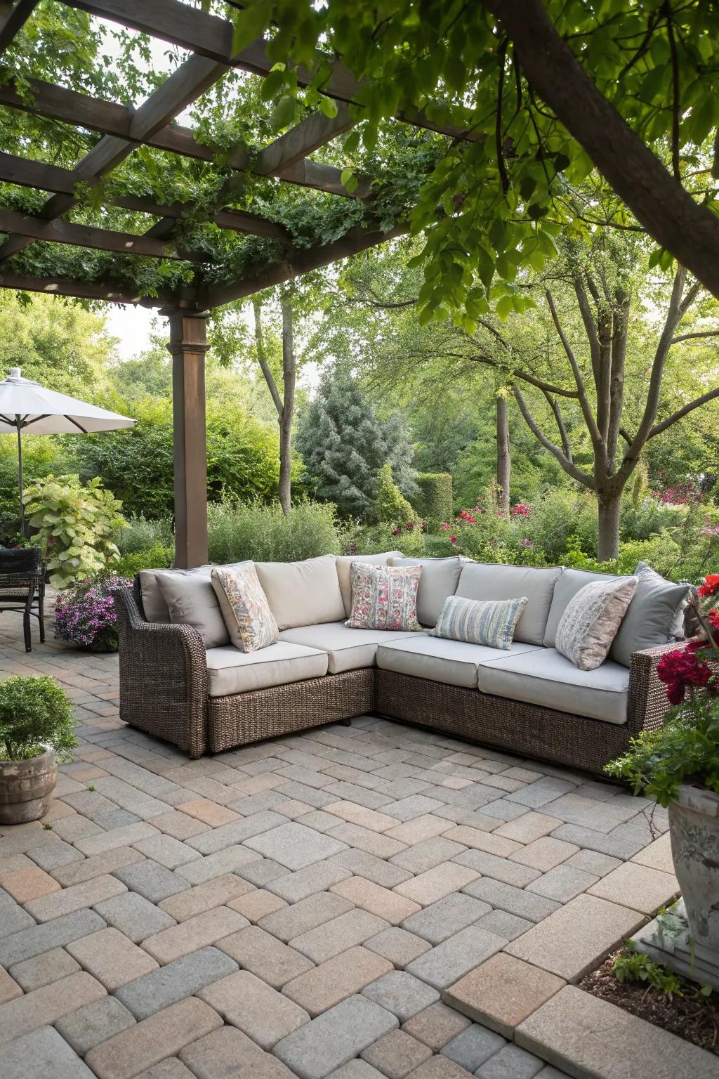A comfortable seating area on a paver patio