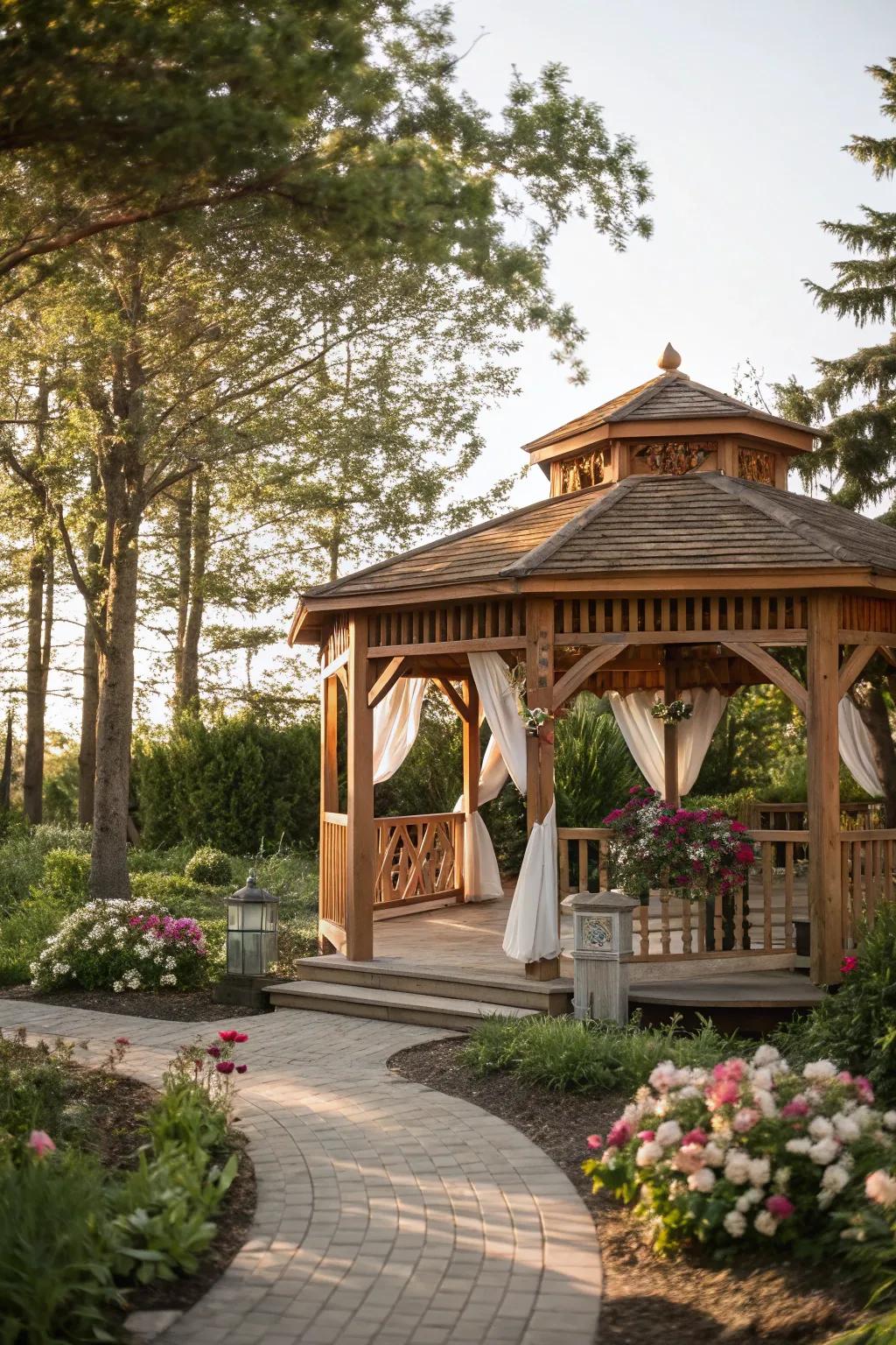 A wooden pavilion adds charm and warmth to any backyard setting.