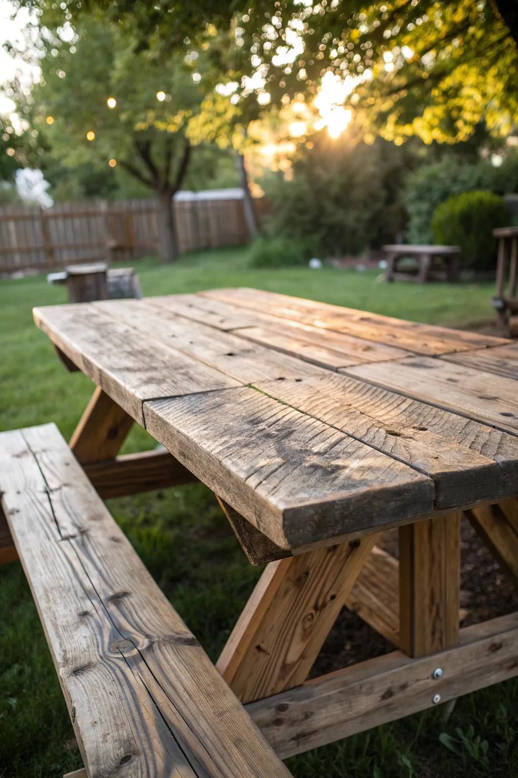 Celebrate gatherings with a touch of rustic charm using a reclaimed wood picnic table.