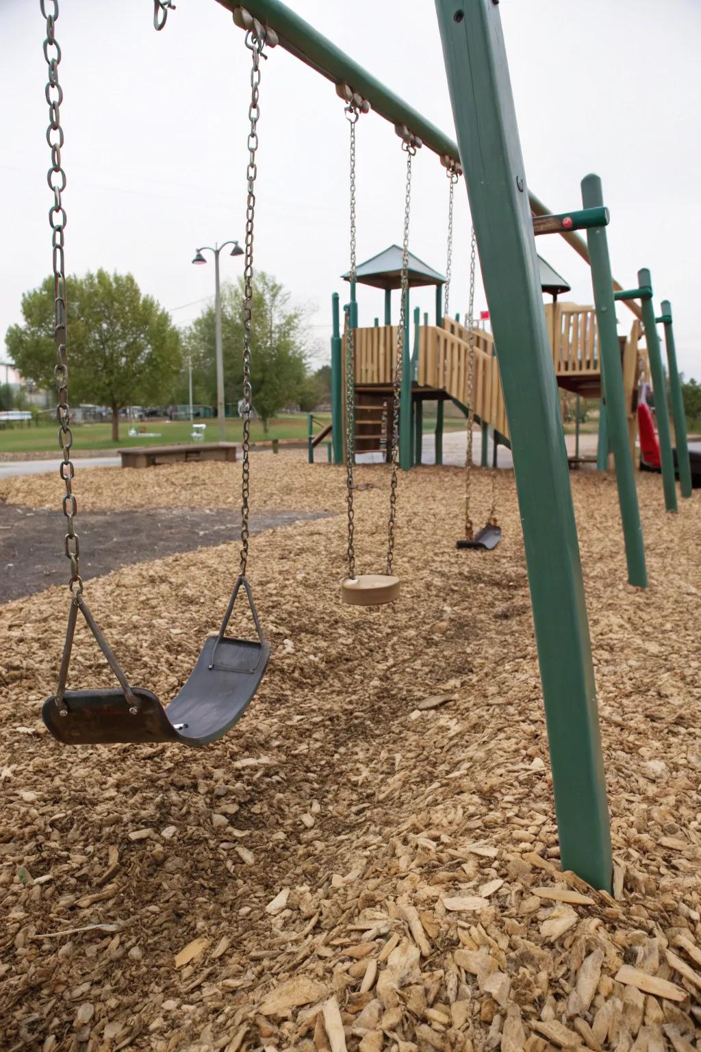 Classic wood chips provide a natural and safe playground surface.