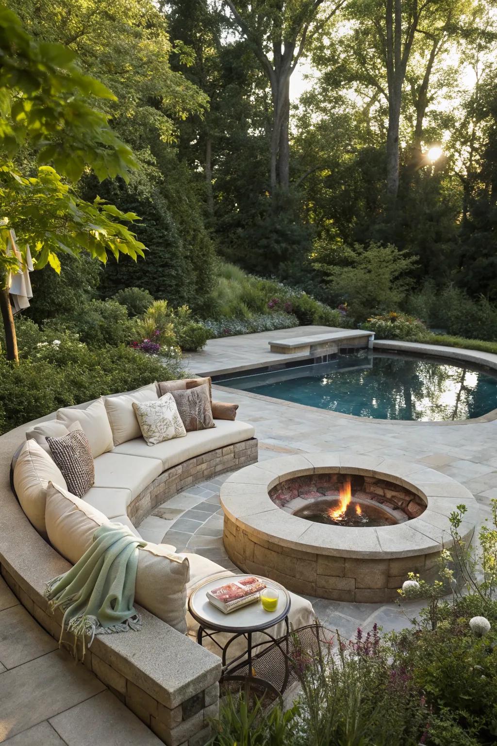 A sunken fire pit oasis provides a private retreat next to your pool.