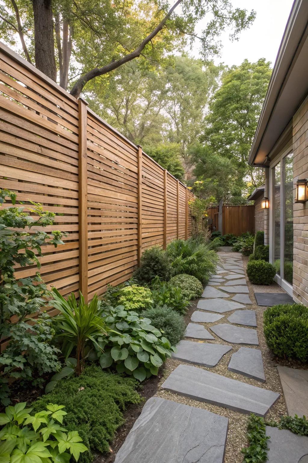 Wooden slat walls add a touch of modern elegance to your backyard.