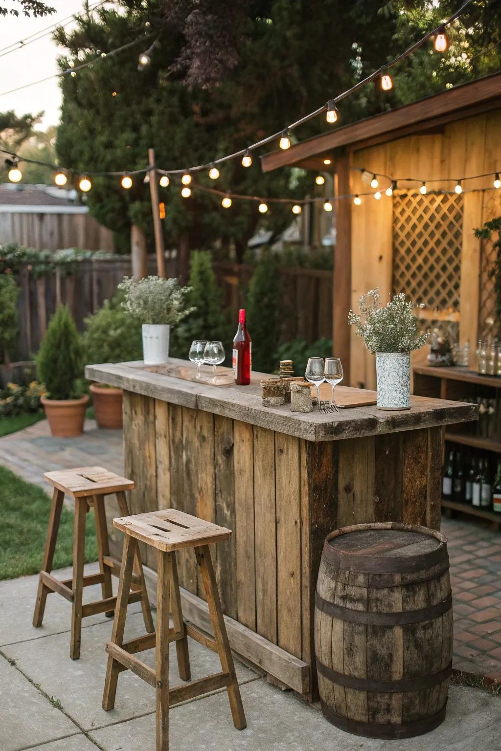 A rustic wooden bar adds charm and warmth to your backyard pub.