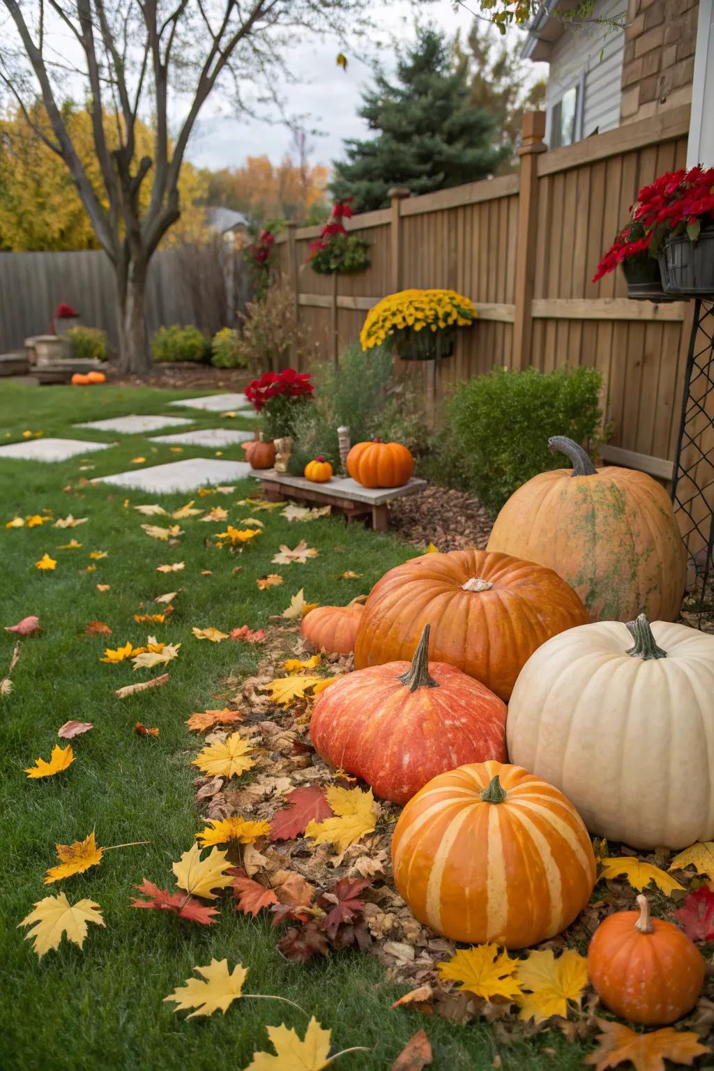 A mix of large and small pumpkins creates an inviting autumn display.