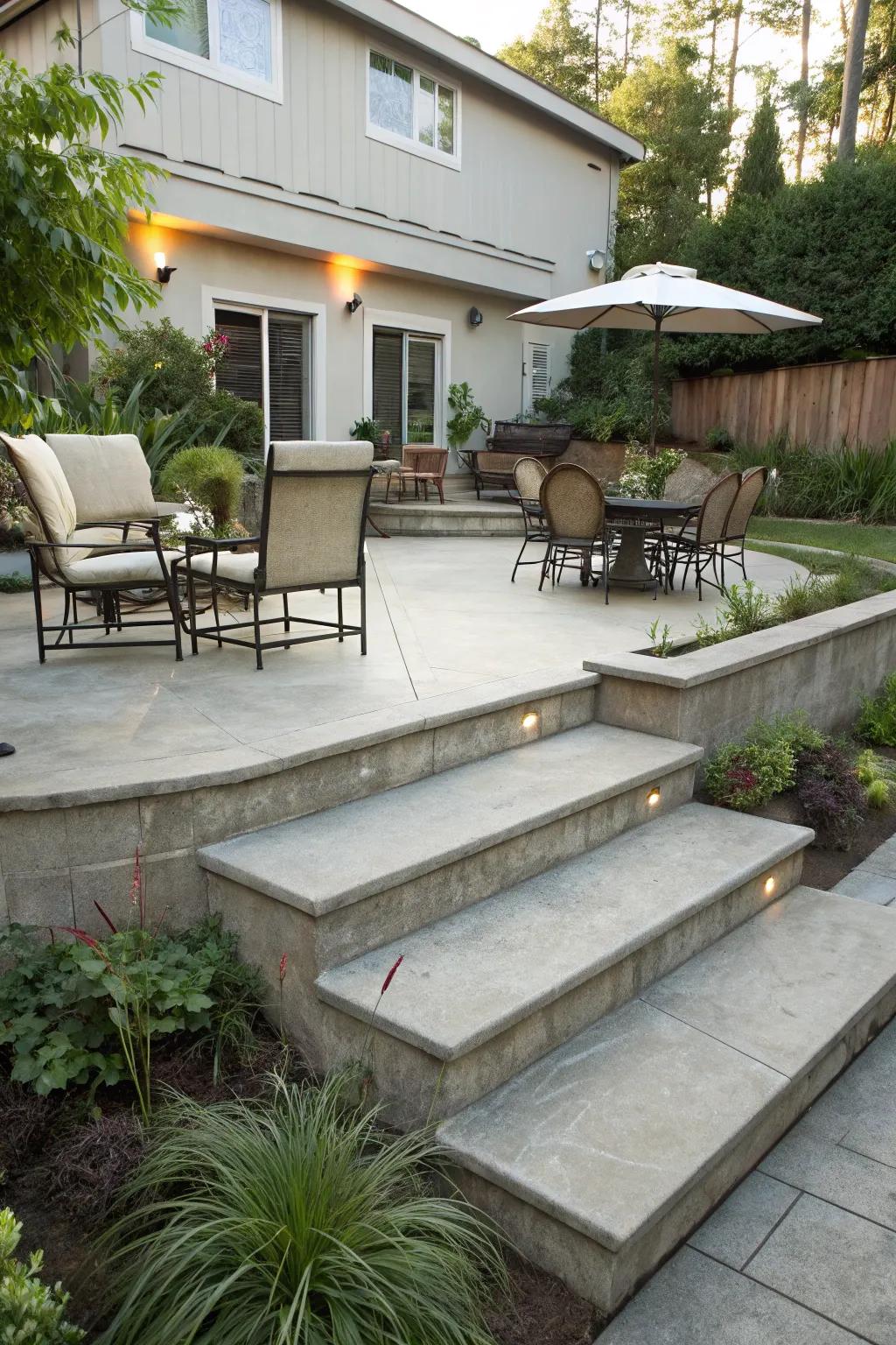 A tiered concrete patio with diverse functional zones.