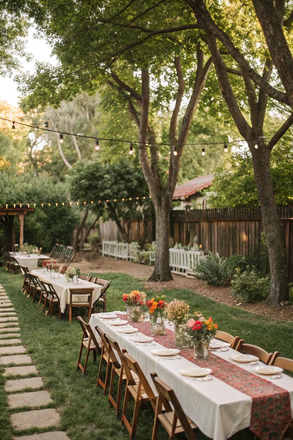 Long communal tables set up for an intimate rehearsal dinner.