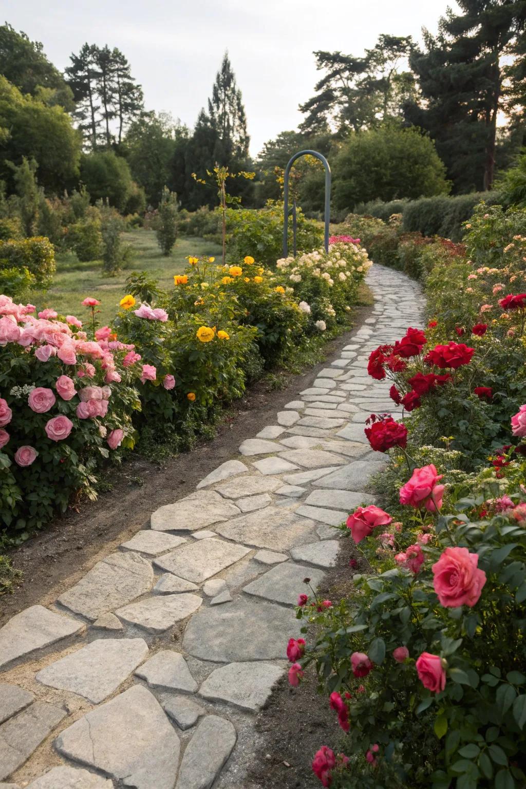 Stone pathways add a touch of elegance and guide you through the rose garden's splendor.