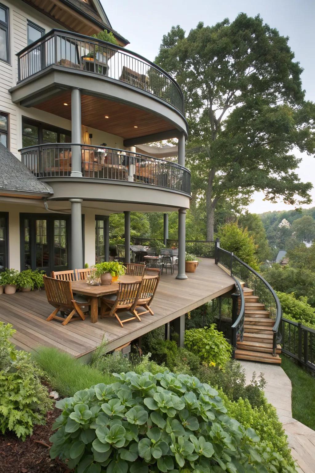 A beautiful multi-level deck with distinct zones for various activities.