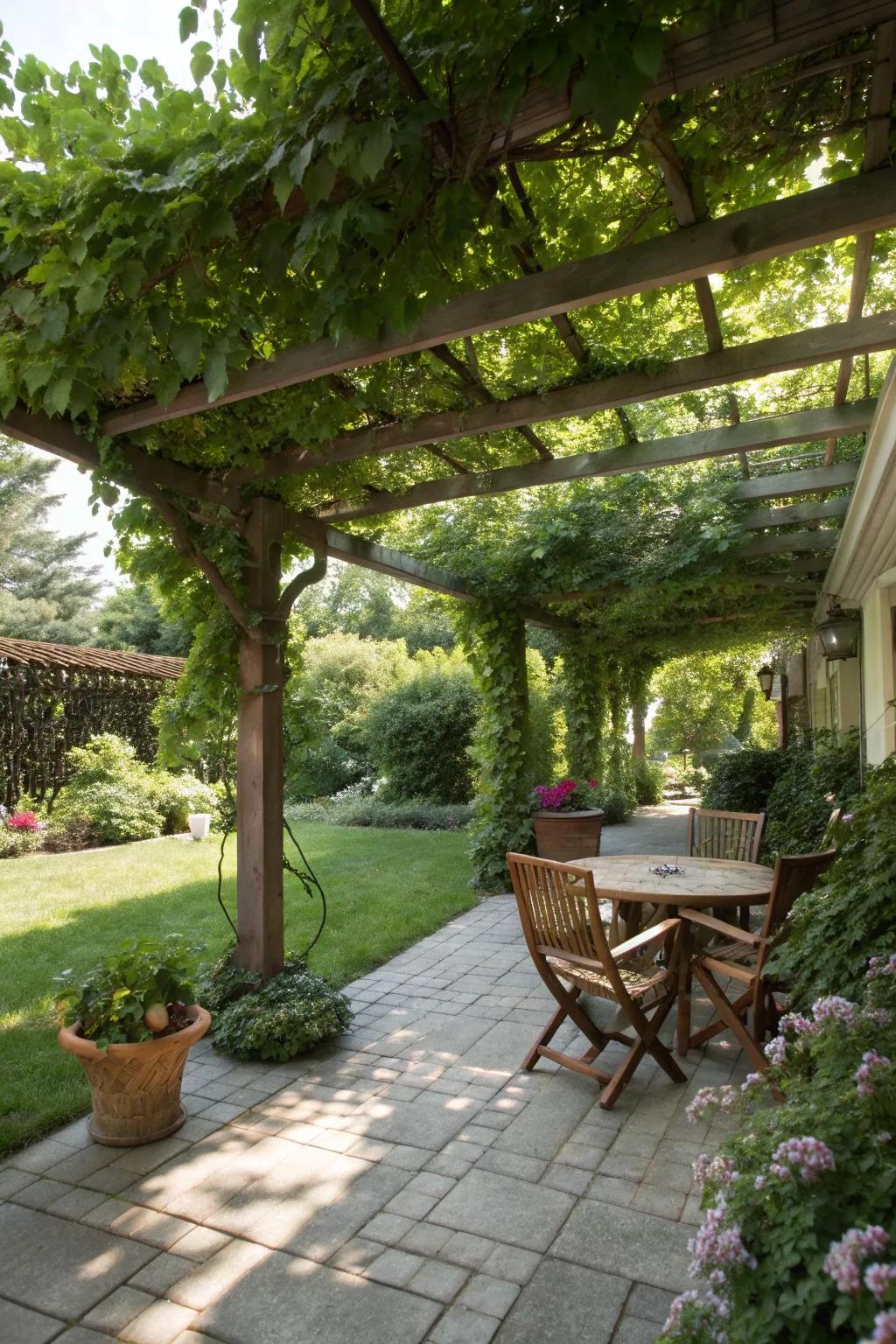 A pergola adorned with climbing vines creates a naturally shaded and enchanting space.