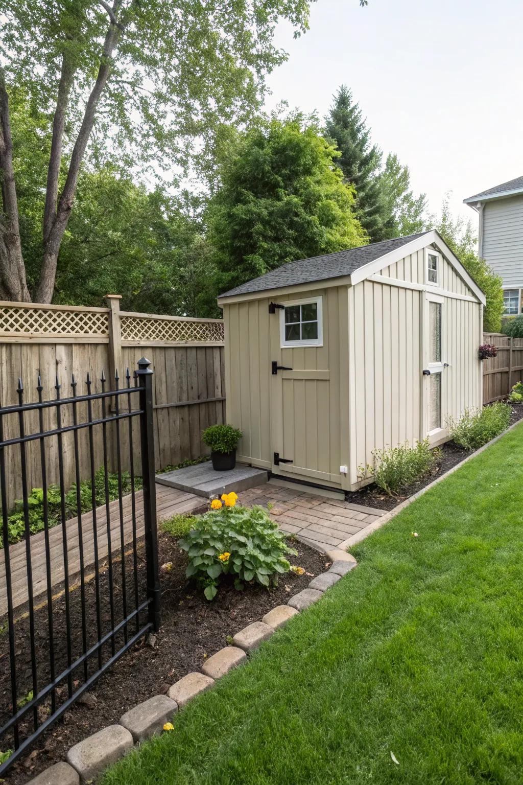 A shed seamlessly aligned along the garden’s edge for a clean look.