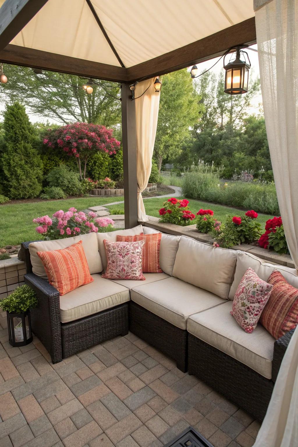 Maximize your patio space with a cozy corner seating arrangement.