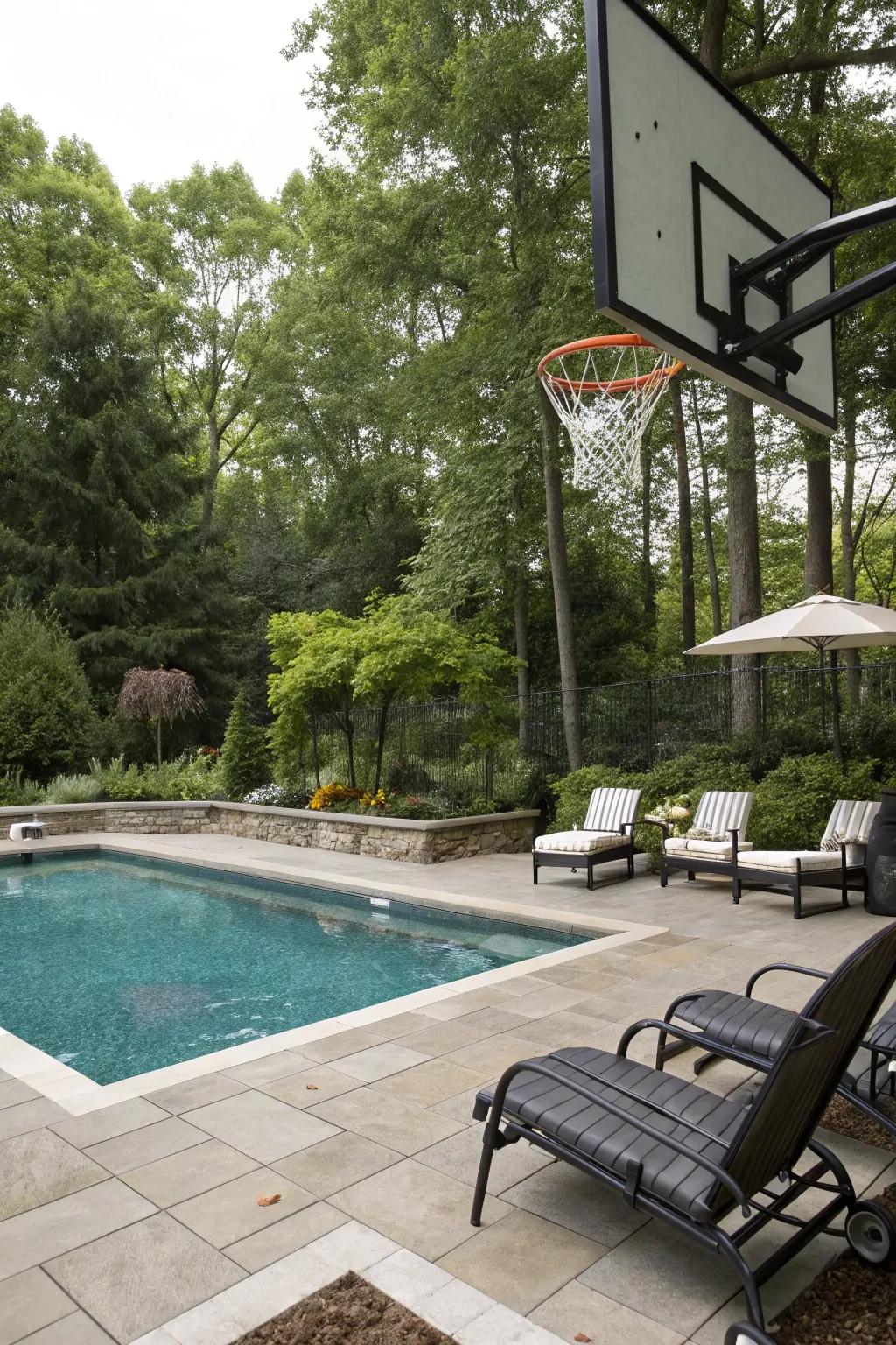 Combine fun and fitness with a poolside basketball hoop.