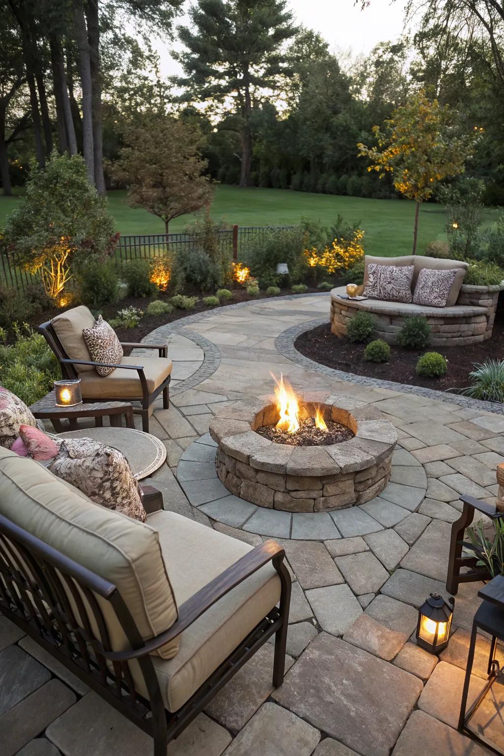 A central fire pit adds warmth and character to this stone patio.