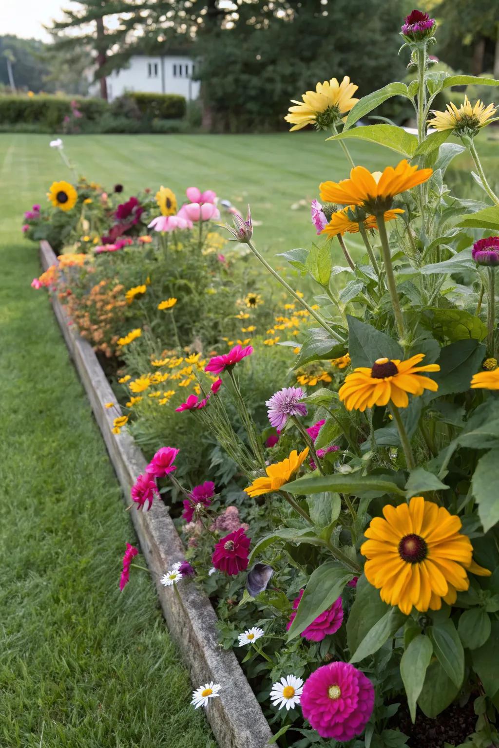 A mixed flower bed bursting with sunflowers and vibrant companions.