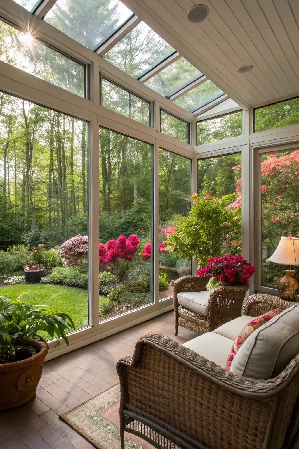 Sunroom with expansive windows inviting nature inside.