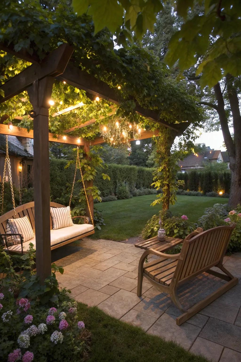 A pergola-style swing offering shade and style in a lush backyard setting.