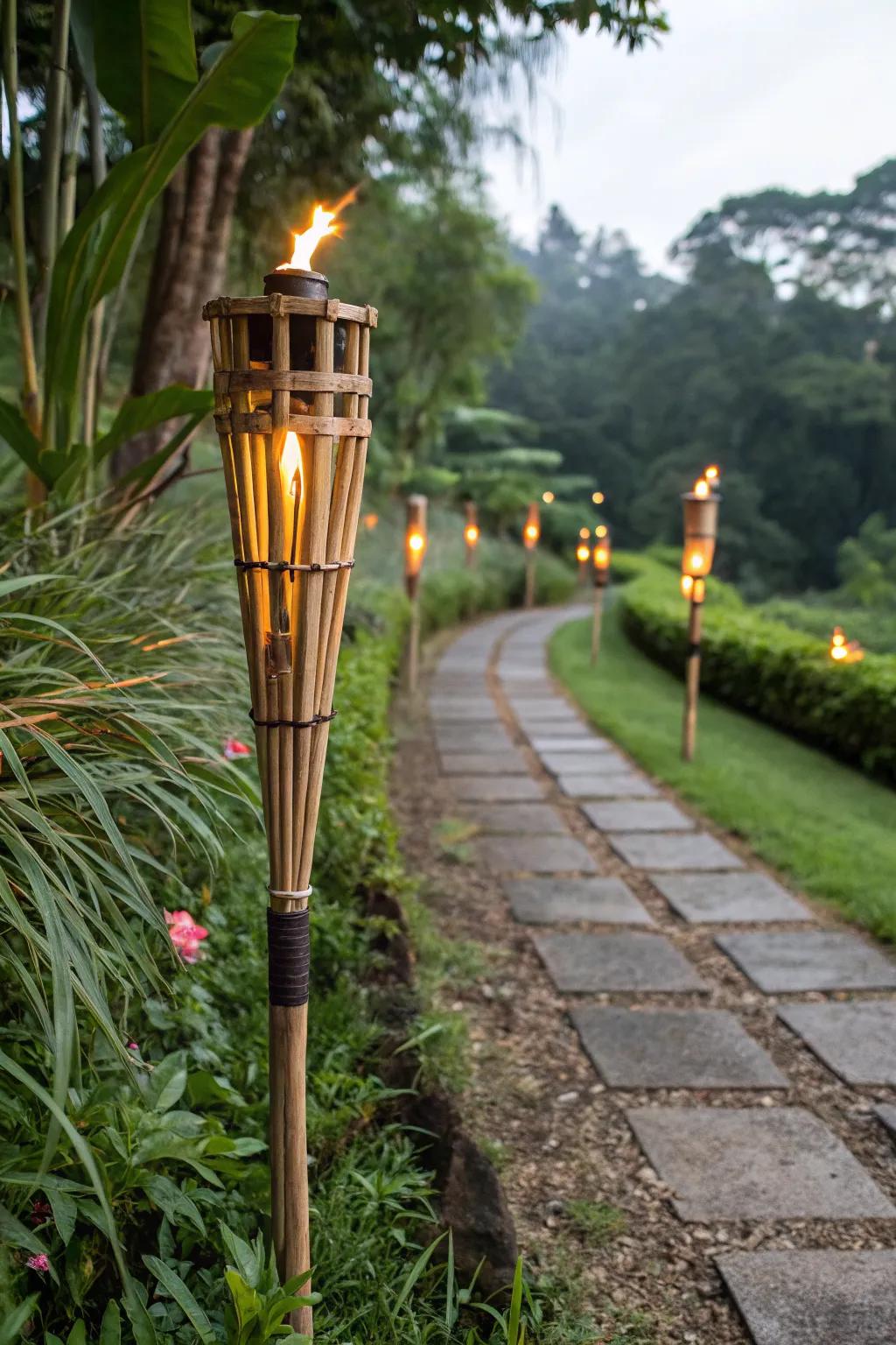 Classic bamboo torches bring a touch of the tropics to your garden.